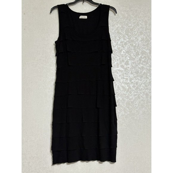 Calvin Klein Black Tiered‎ Sleeveless Knee Length Shift Dress Stretch Petite 10P - Picture 1 of 5